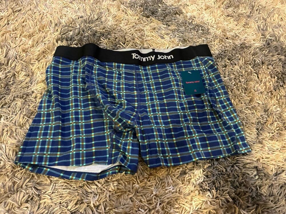 Tommy John Mens XXL Cool Cotton 4'' Boxer Briefs Estate Blue Garden Plaid NWT